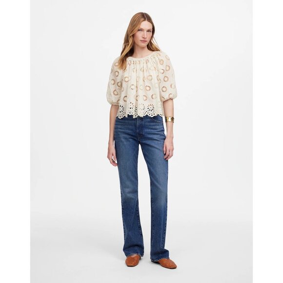 Madewell Embroidered Shirred Puff-Sleeve Top Women's Large Ivory Floral Eyelet - Picture 13 of 16